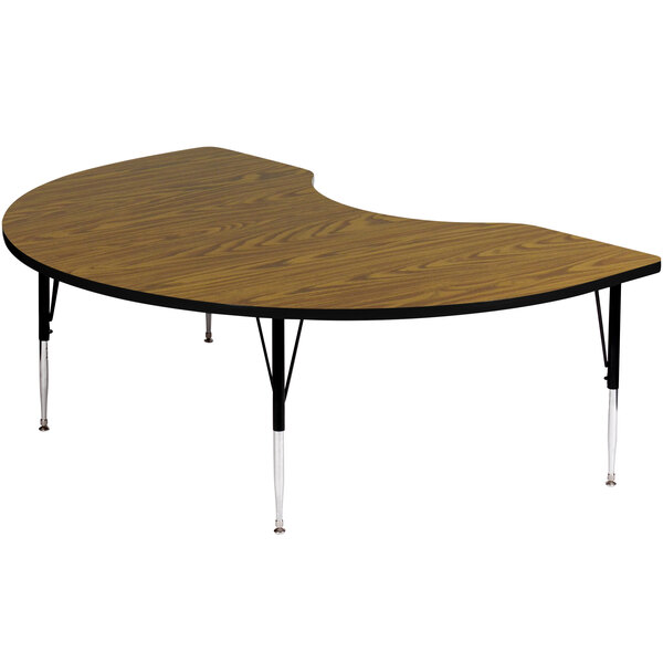 A wooden table with a curved top and adjustable legs.