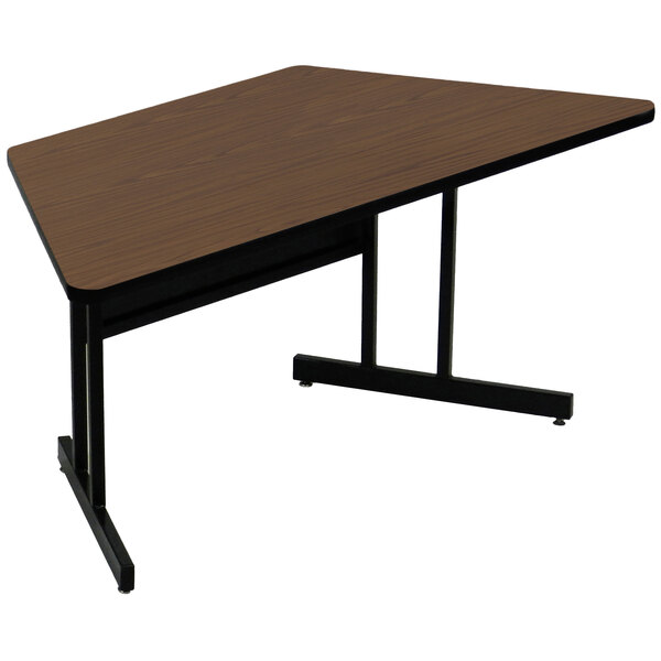 A brown rectangular Correll computer table with black legs.