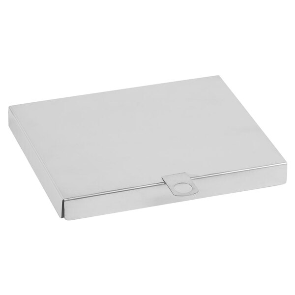 A white rectangular stainless steel lid with a metal handle.