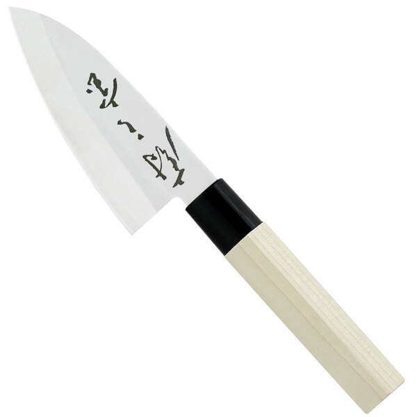 A Mercer Culinary Deba knife with a black handle and white writing.