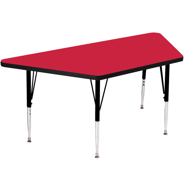 A red trapezoid activity table with black legs.