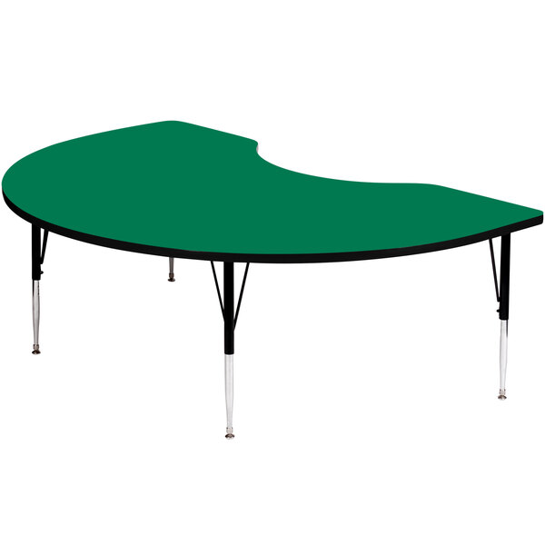 A green Correll kidney-shaped activity table with black adjustable legs.