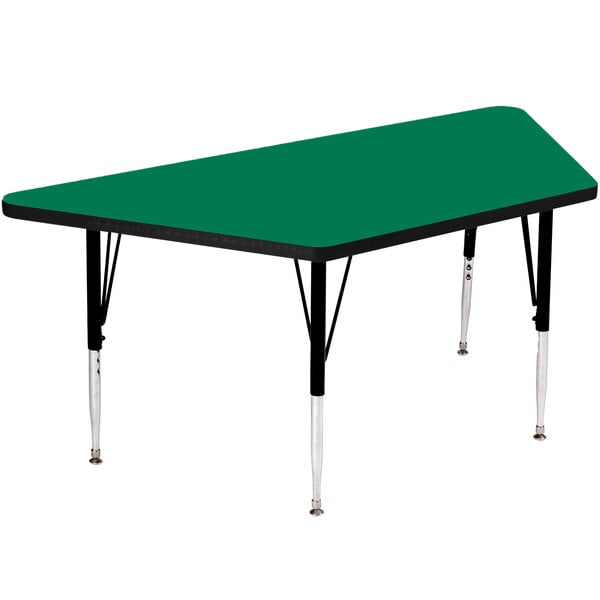 A green trapezoid activity table with black legs.