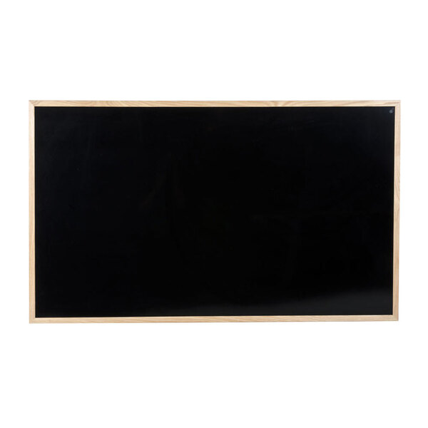 An Aarco black marker board with an oak frame.