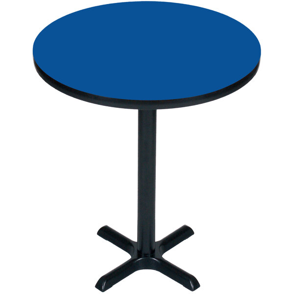 A blue Correll bar height table with a black base.
