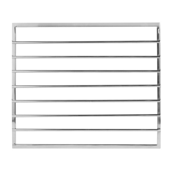A stainless steel rack with removable metal grill bars.