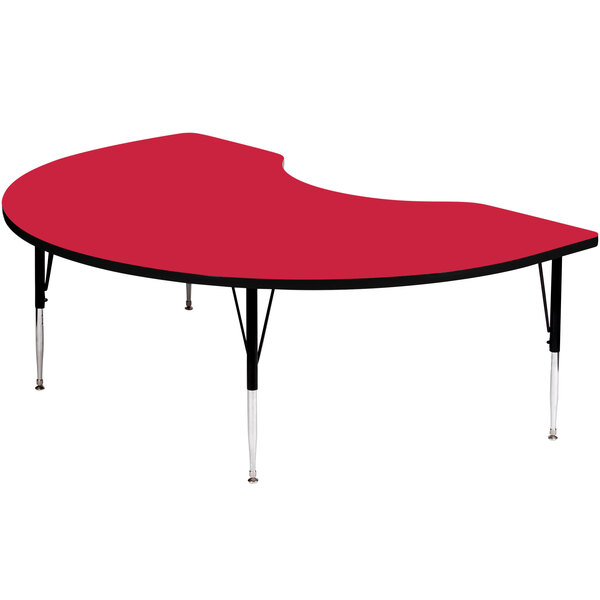 A red Correll Kidney Adjustable Height Activity Table with black legs.