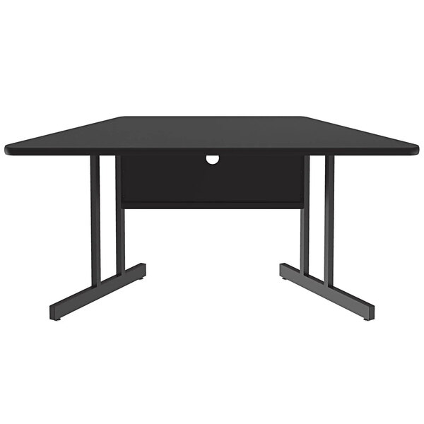 A black trapezoid table with a metal base and a black granite finish top.