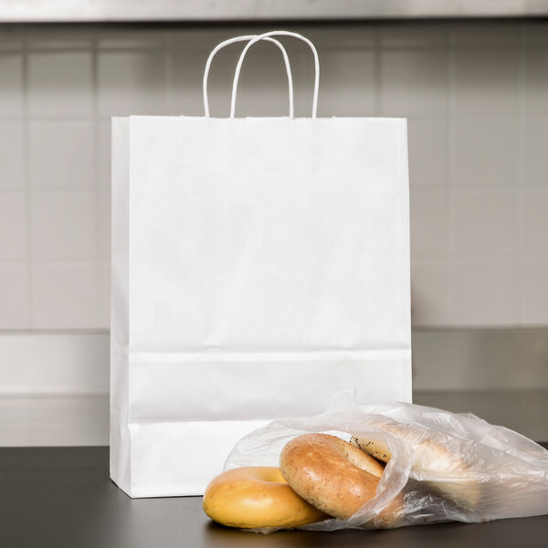 Small 10" x 5" x 13" White Paper Shopping Bag with Handles - 250/Bundle