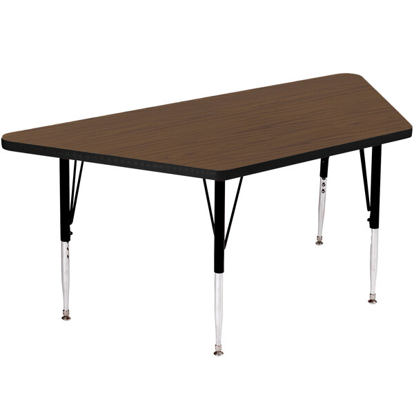 A walnut rectangular Correll activity table with black legs.