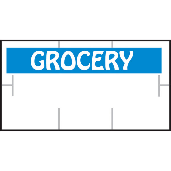 A white label with blue and white text that says "GROCERY"