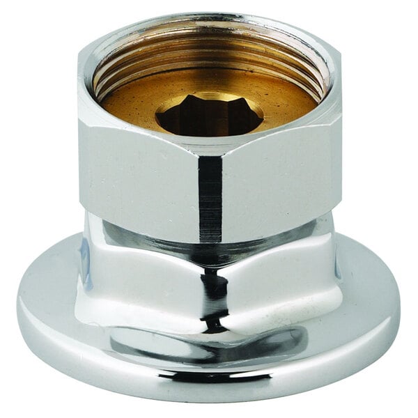 A chrome plated T&S eccentric coupling inlet with a nut.