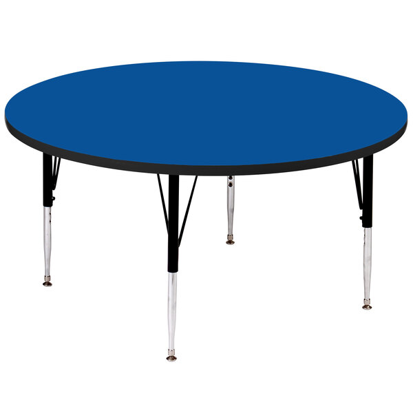 A blue Correll round activity table with black legs.