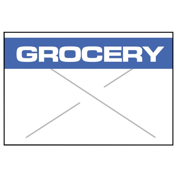A white "GROCERY" label with blue lettering and X marks.