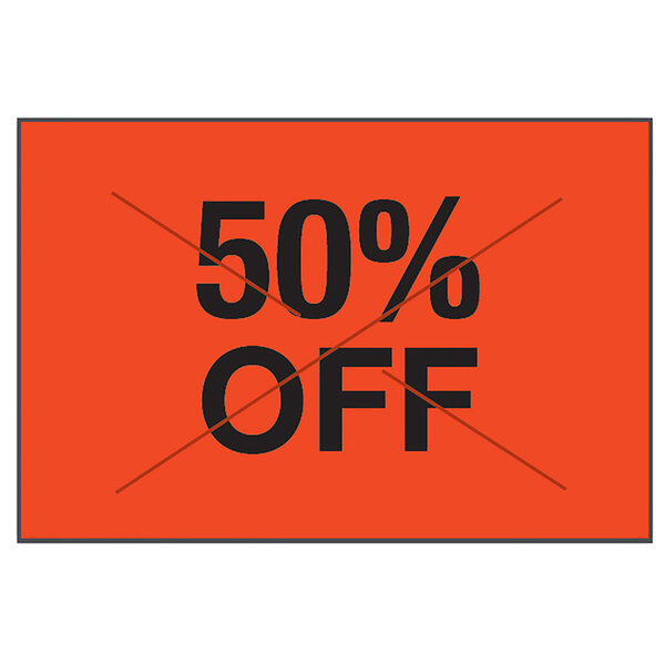 A red rectangular label with black text that reads "50% OFF" with a black border.