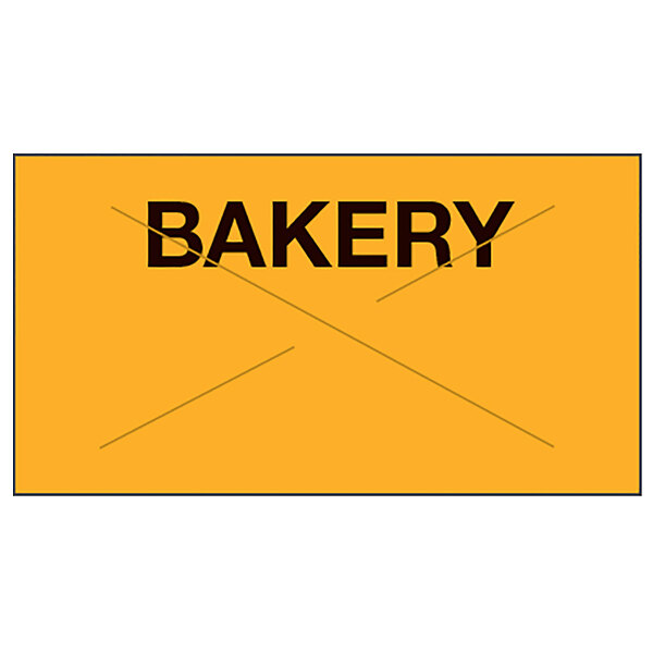A yellow rectangular label roll with black text that reads "BAKERY"