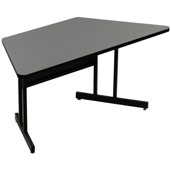A black trapezoid computer table with a gray top and black legs.
