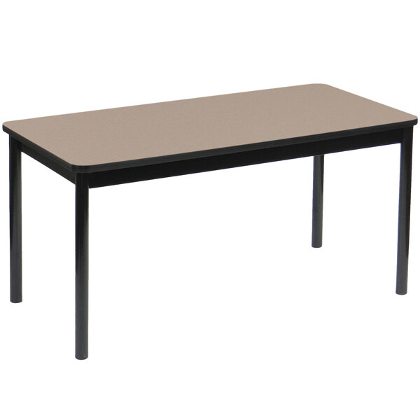 A Correll rectangular library table with a black frame and a beige top.