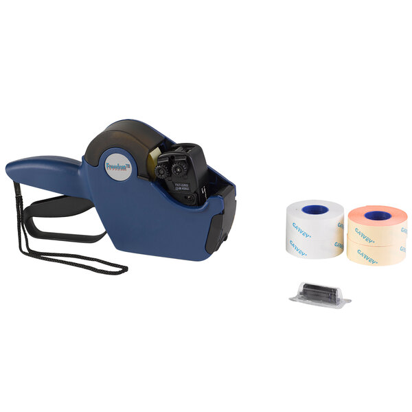 A blue Garvey label maker with black and blue text, and a blue tape dispenser and rolls of tape.
