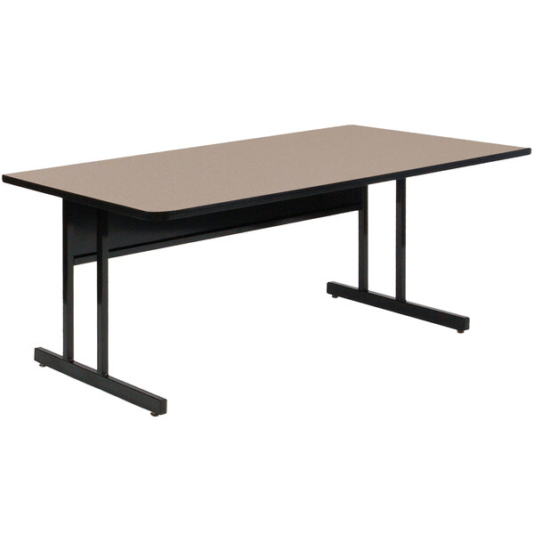 A rectangular brown table with a beige top and black legs.