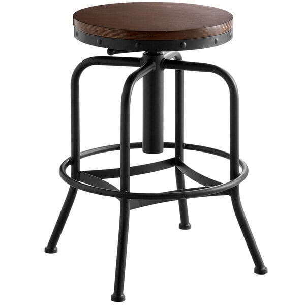 Black Barstool With Antique Walnut Seat, Large Seat Counter Stools