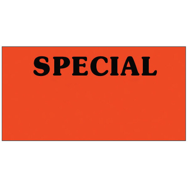 A close-up of a white label with black lettering that says "SPECIAL" in black and orange.