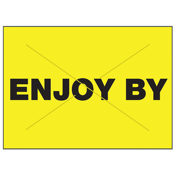 A yellow rectangle with black text that says "ENJOY BY"