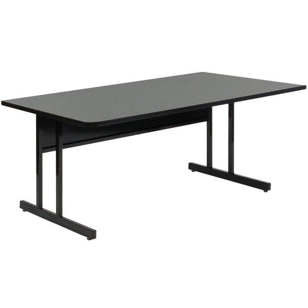 A rectangular black Correll computer table with metal legs and a grey top.