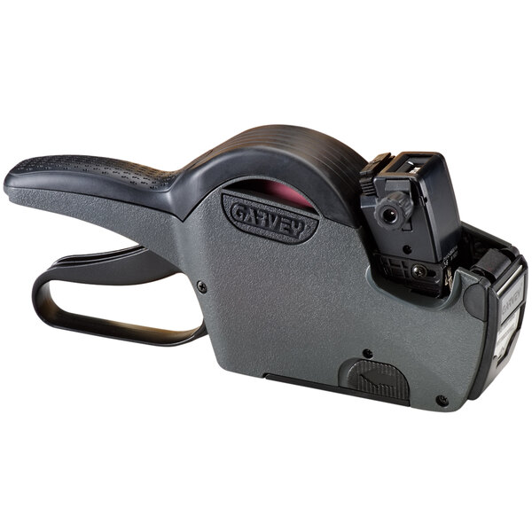 A black and gray Garvey G-Series labeler with a black handle.