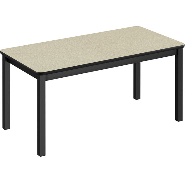 A rectangular Correll library table with black legs and a beige top.