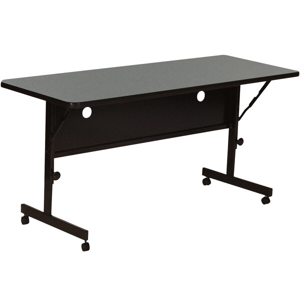 A black rectangular Correll seminar table with wheels on it.