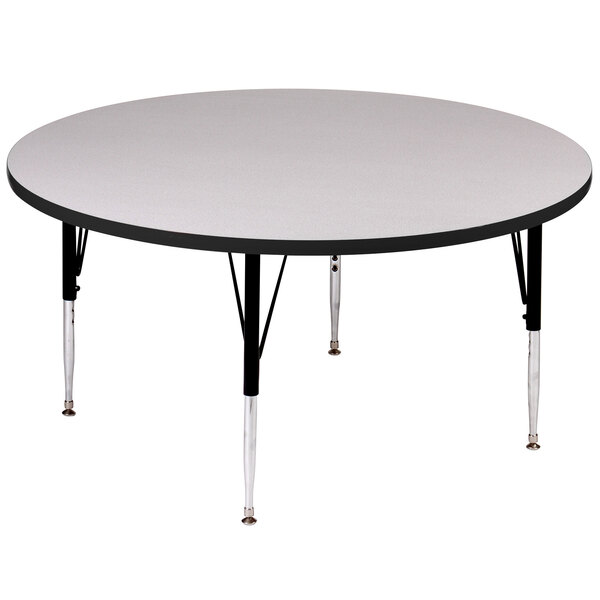 A gray Correll round activity table with adjustable legs.