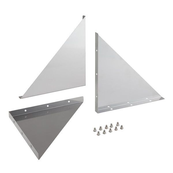A Regency metal shelf hardware kit with three triangular metal brackets and screws.