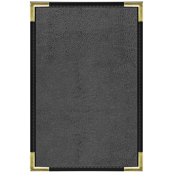 A black leather menu cover with gold trim.