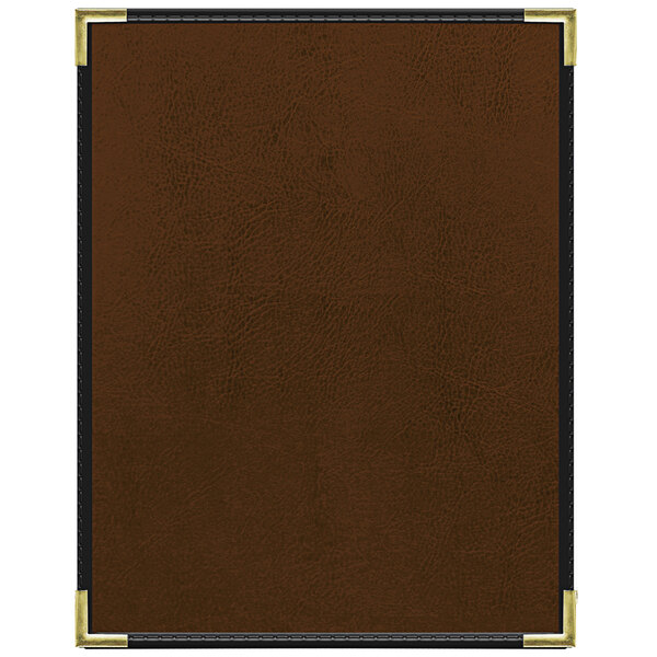 A brown leather menu cover with black trim.