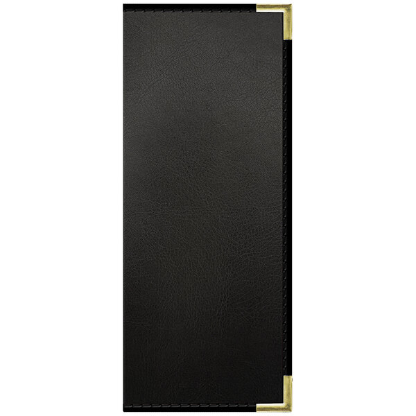 A black rectangular Tamarac menu cover with gold corners and trim.