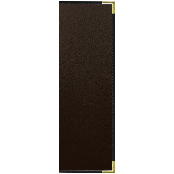 A brown rectangular leather Tamarac menu cover with gold trim.