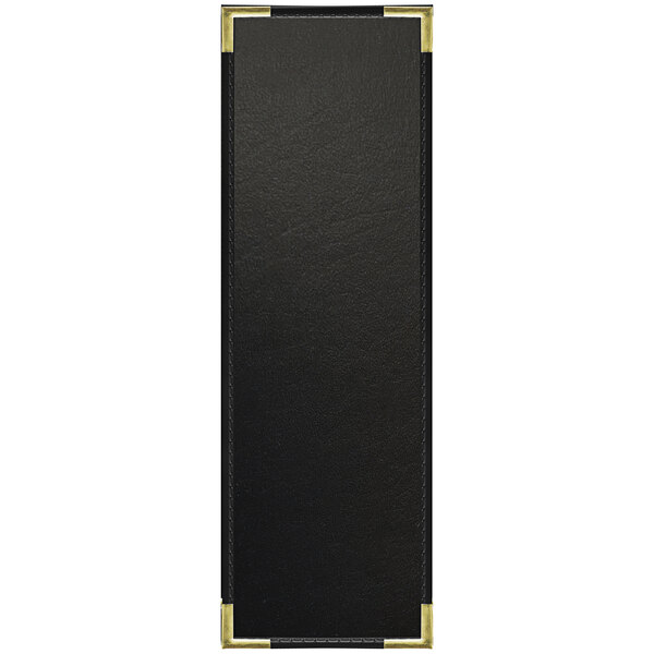 A black leather menu cover with gold corners and stitching.