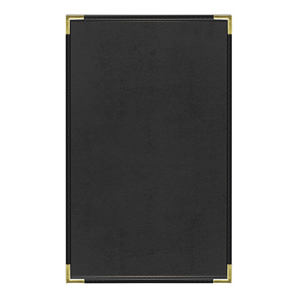 A black leather rectangular menu cover with a stitched edge.