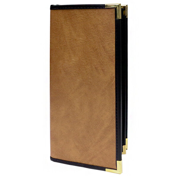 A brown leather menu cover with black trim on the corners.