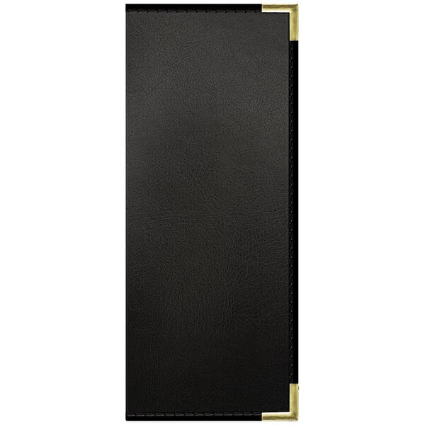 A black rectangular Tamarac menu cover with gold corners.