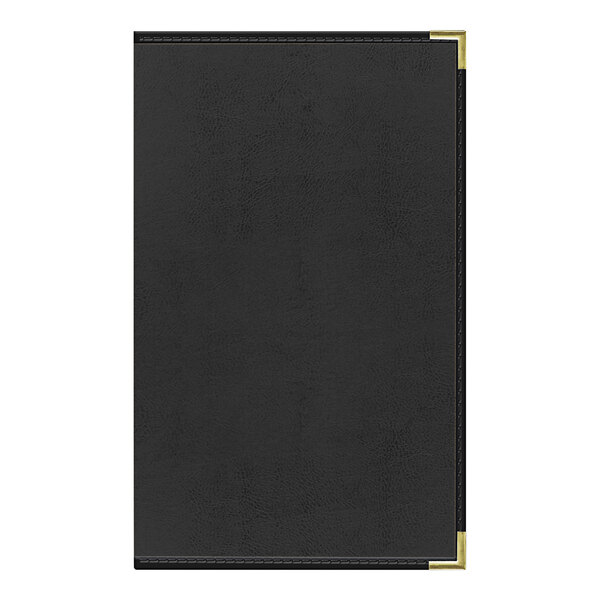 A black leather menu cover with white border and gold trim.