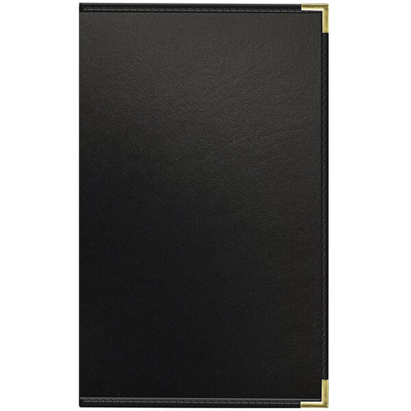 A black leather menu cover with gold corners and white lines.