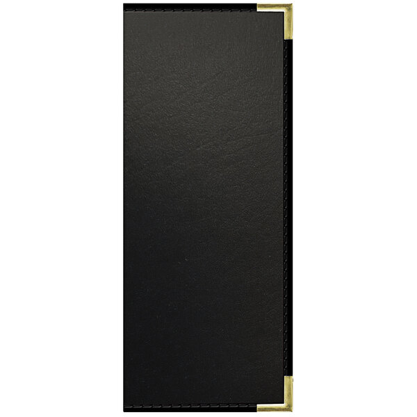 A black leather menu cover with white trim and gold corners.