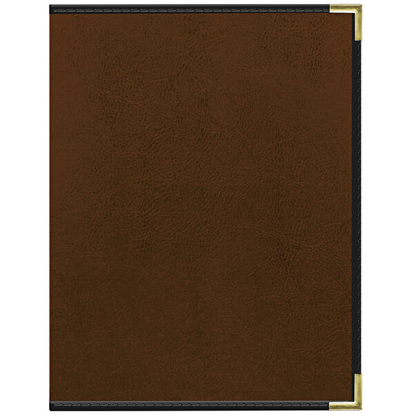 A brown leather Tamarac menu cover with black trim and gold corners.
