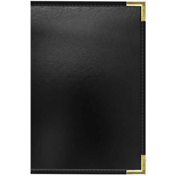 A black leather menu cover with gold corners and a white border.