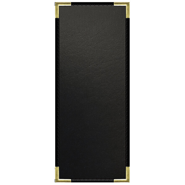A black leather menu cover with a white border.