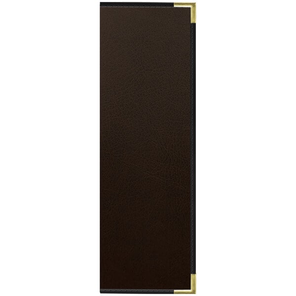 A brown rectangular Tamarac menu cover with gold corners.