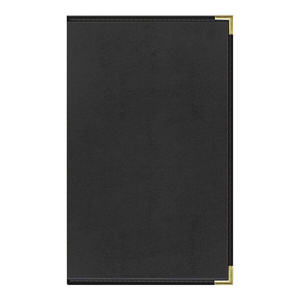 A black leather Tamarac menu cover with white border and gold trim.