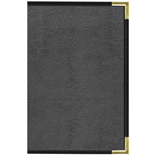 A black leather menu cover with gold corners.